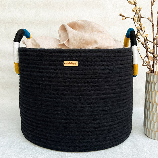 Black Organic Cotton Laundry Basket With Colorful Coiling Handle (16Dia x  14Height) - 45 Litres