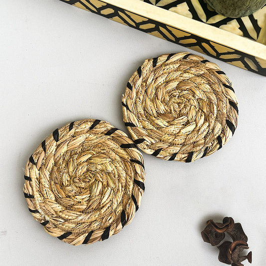 Black Raffia Embroidered Golden Grass Coasters Nobbys