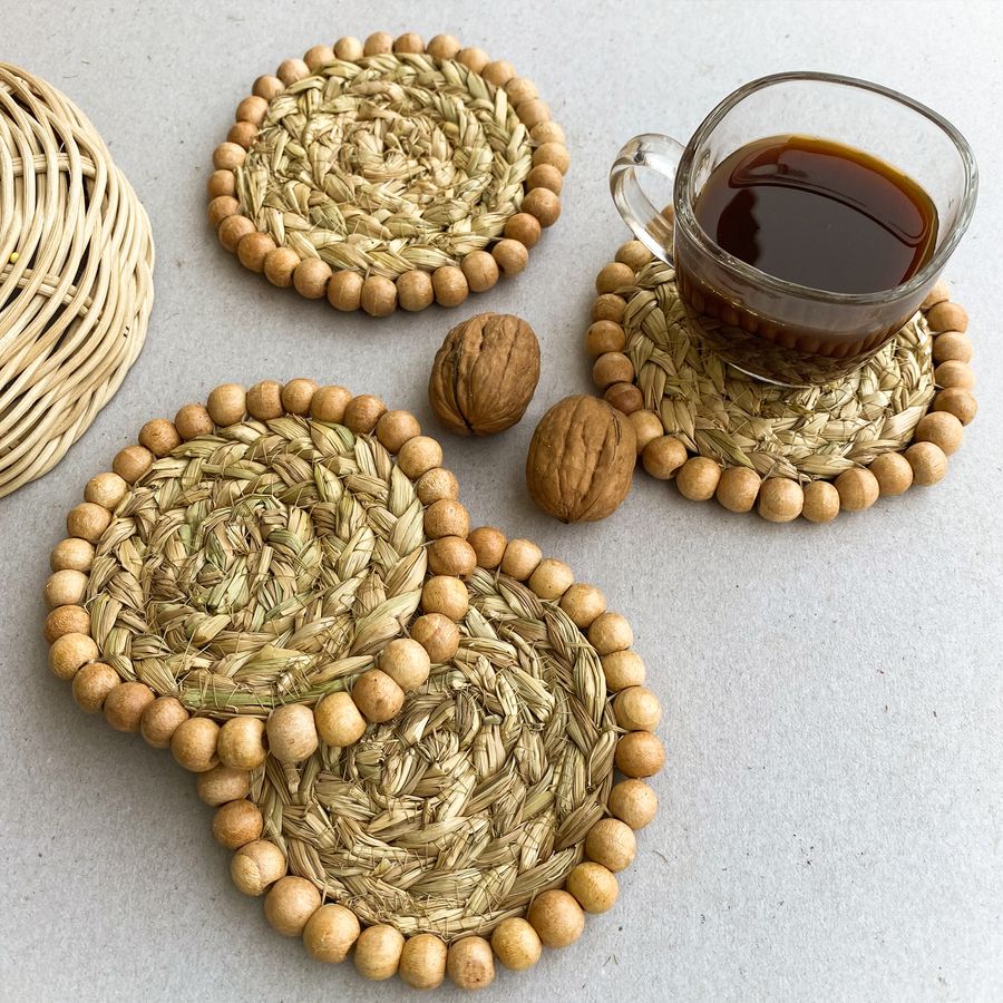 Golden Grass Coasters With Wooden Beads Nobbys