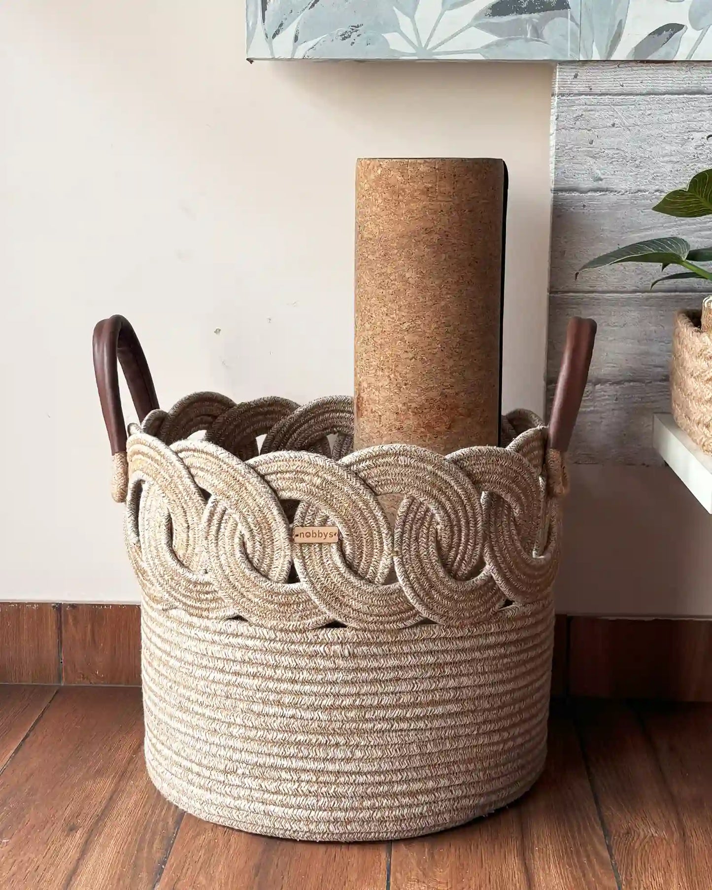 Handcrafted jute laundry basket with premium leather handles – durable and stylish home organizer."