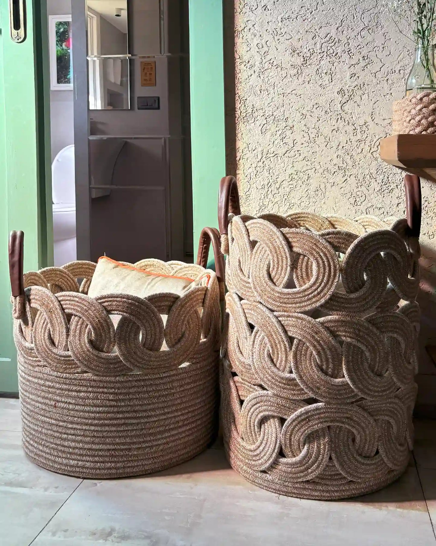 boho chic baskets for cushions, throws and blankets