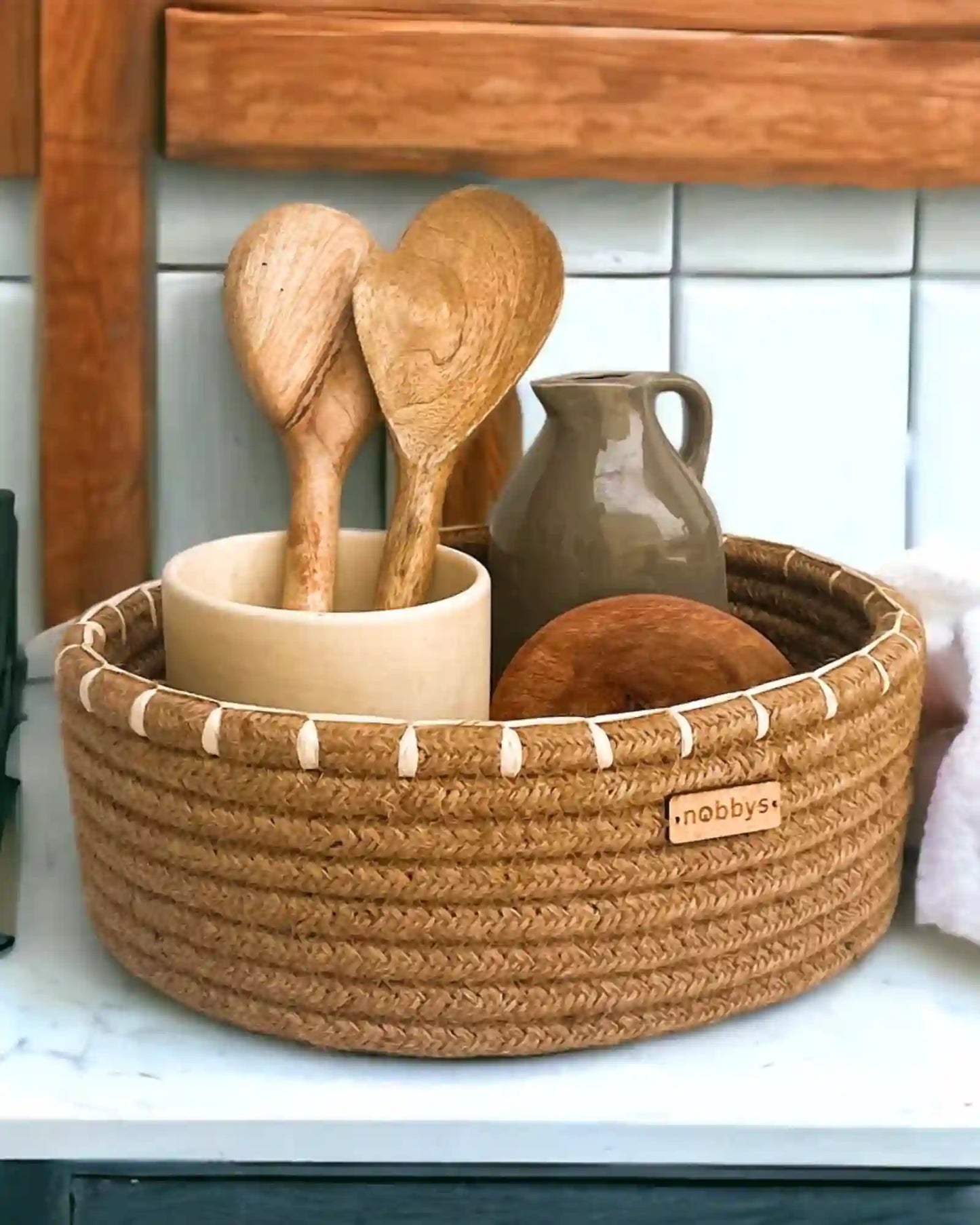 Jute Oval Storage Basket With Raffia Embroidery Edge (11" x 8" x 4")