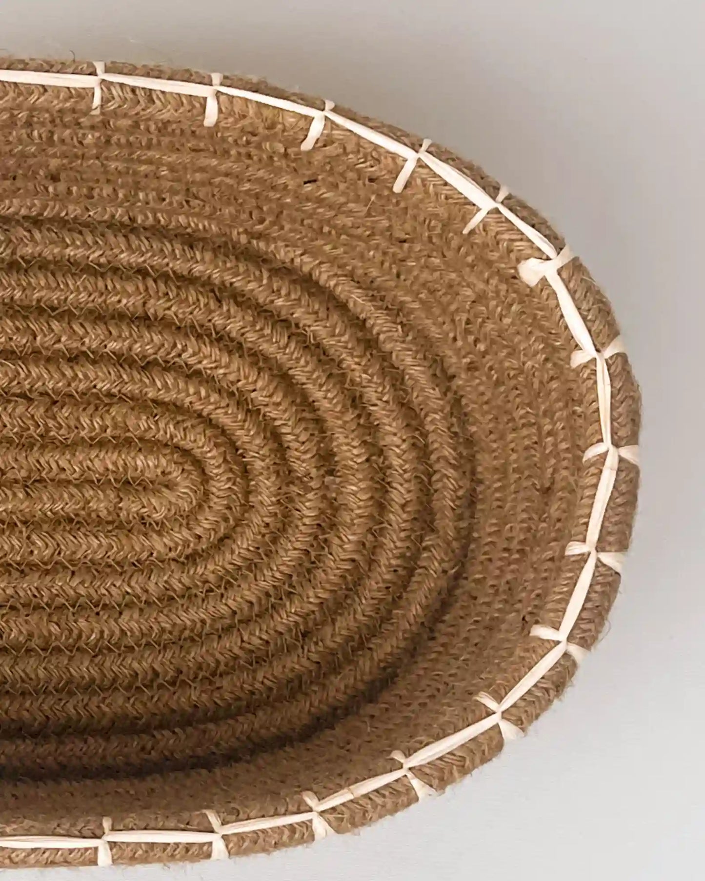 Jute Oval Storage Basket With Raffia Embroidery Edge (11" x 8" x 4")