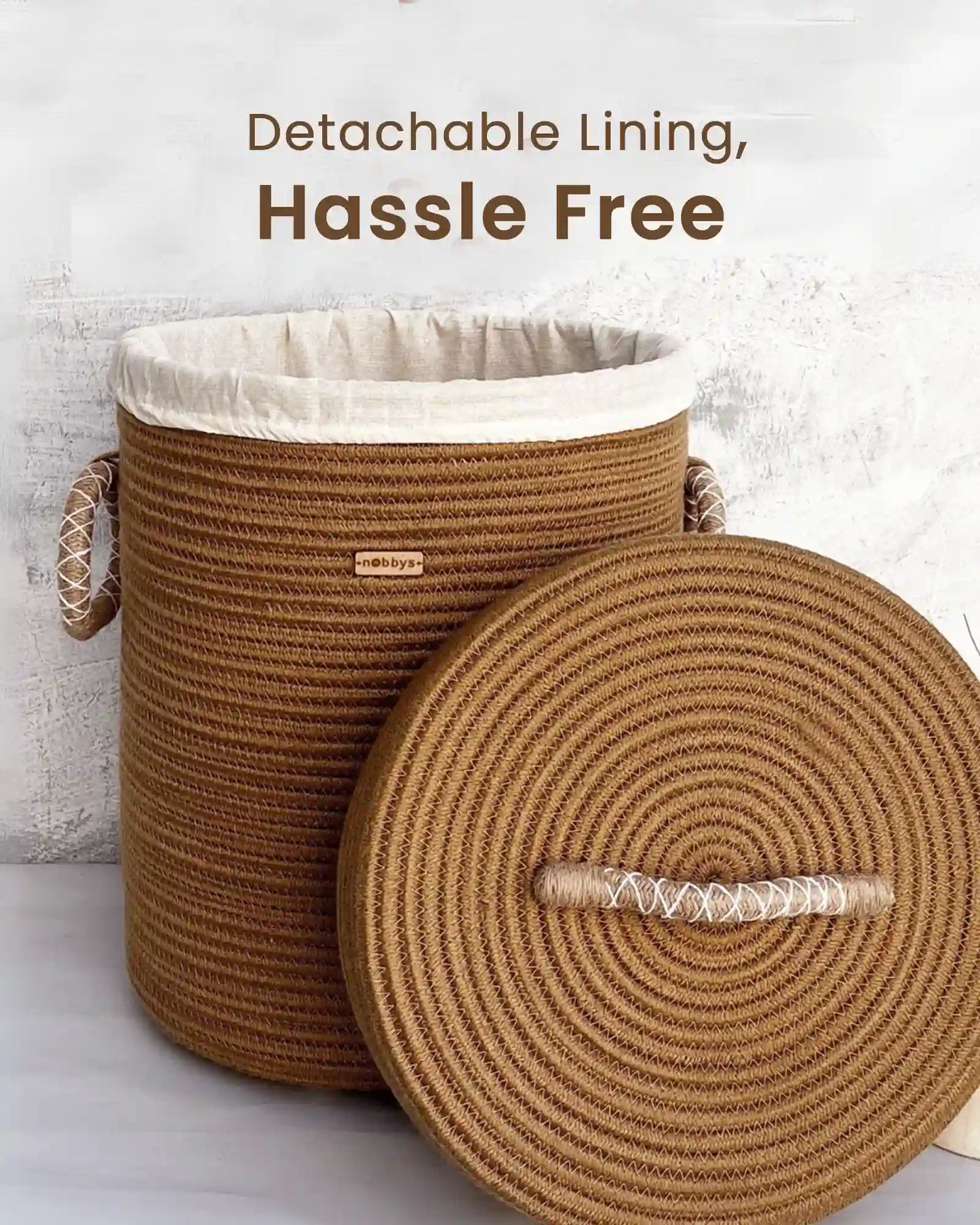 round laundry basket made of jute cotton with wheels