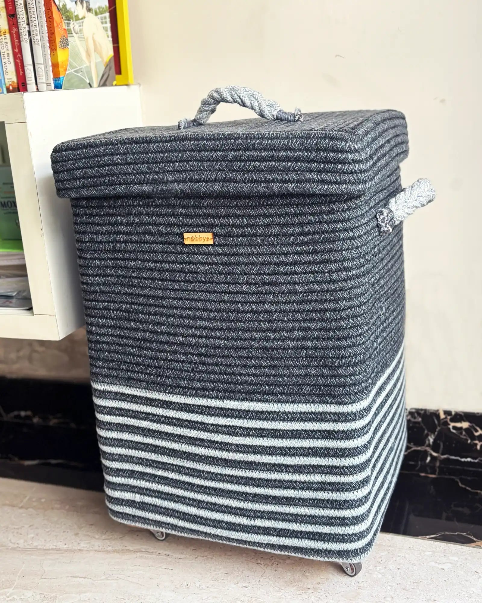 denim blue laundry basket with wheels