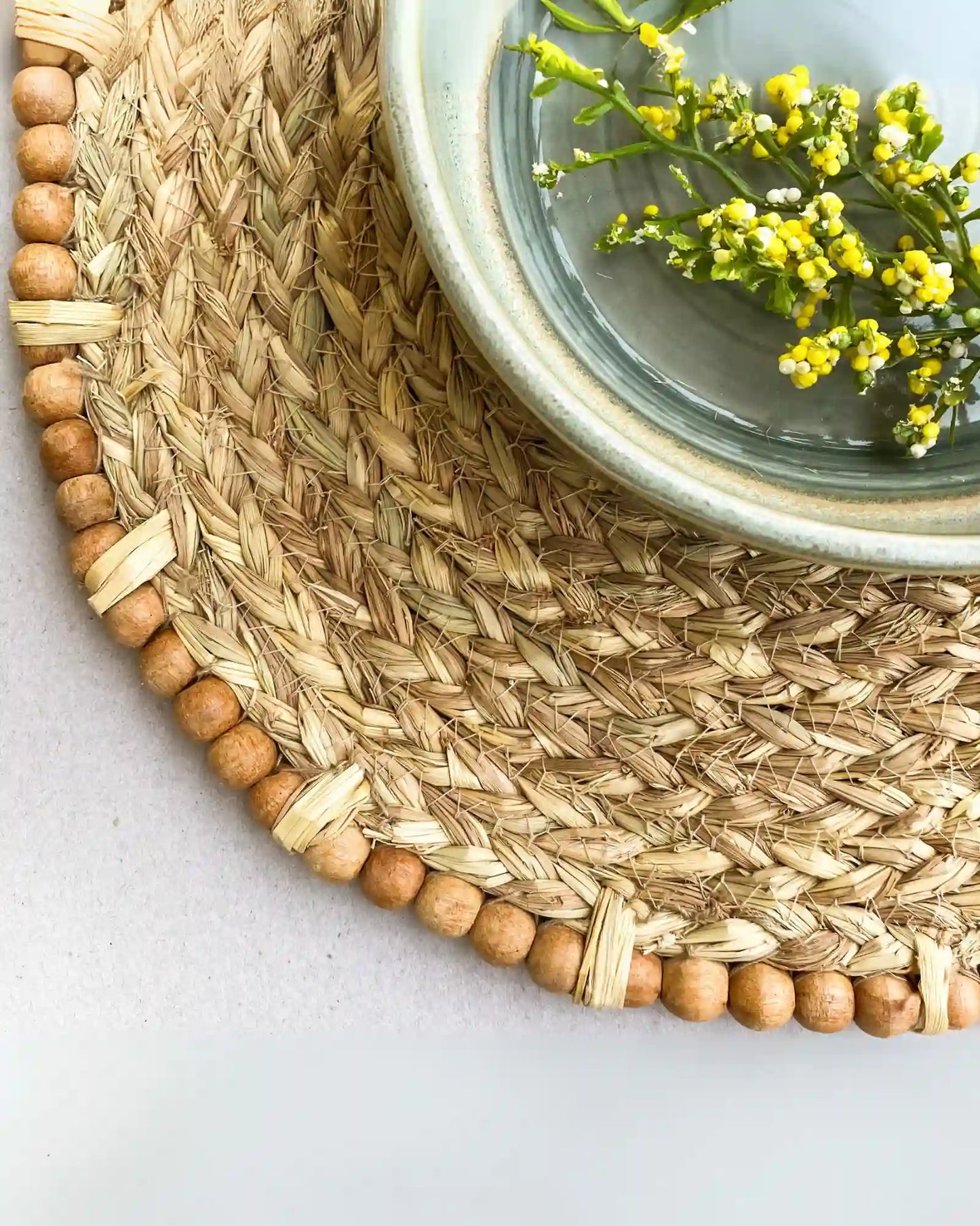 Braided Paddy Stubble Placemat With Wooden Beaded Edges (Pack of 3)