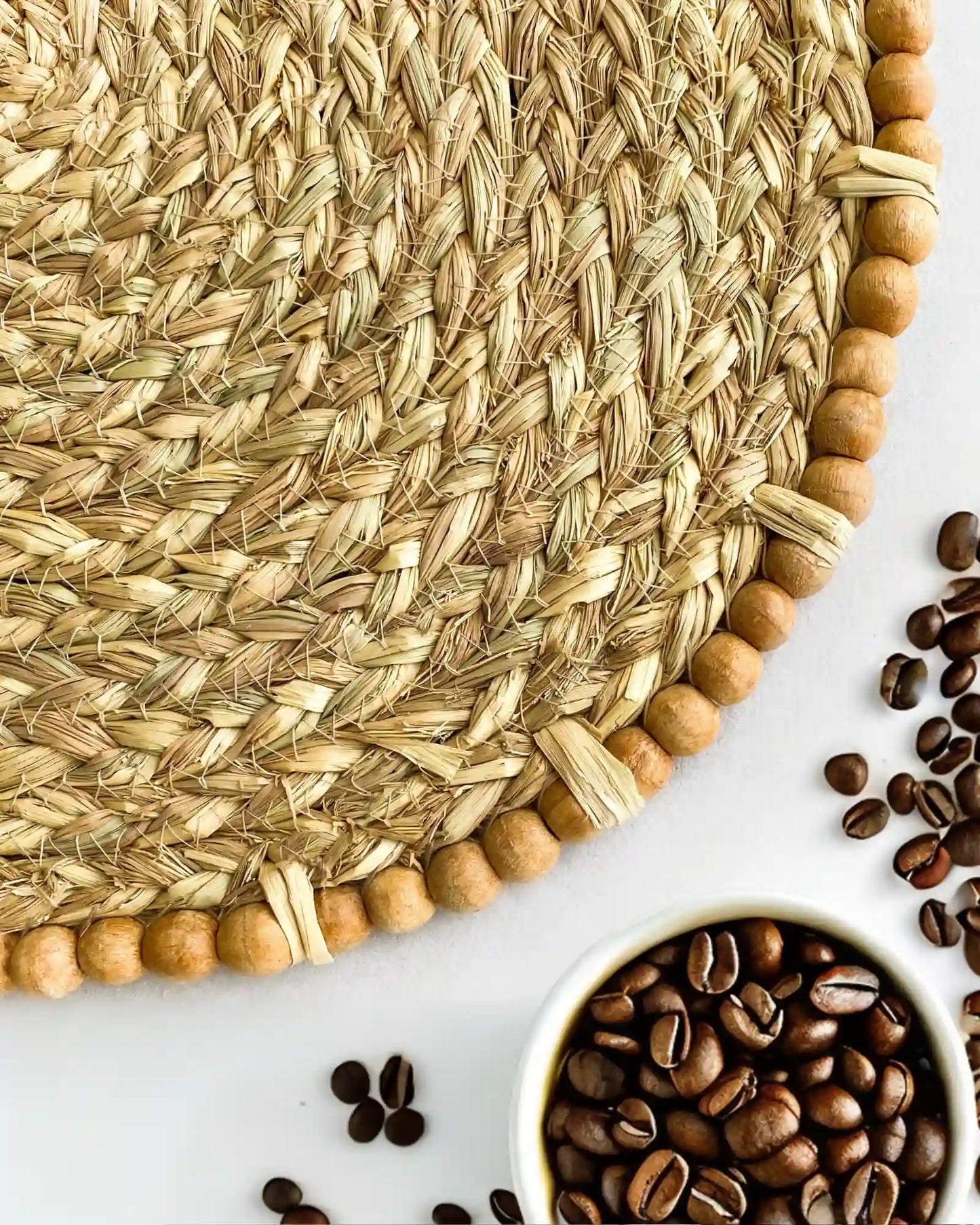 Braided Paddy Stubble Placemat With Wooden Beaded Edges (Pack of 3)