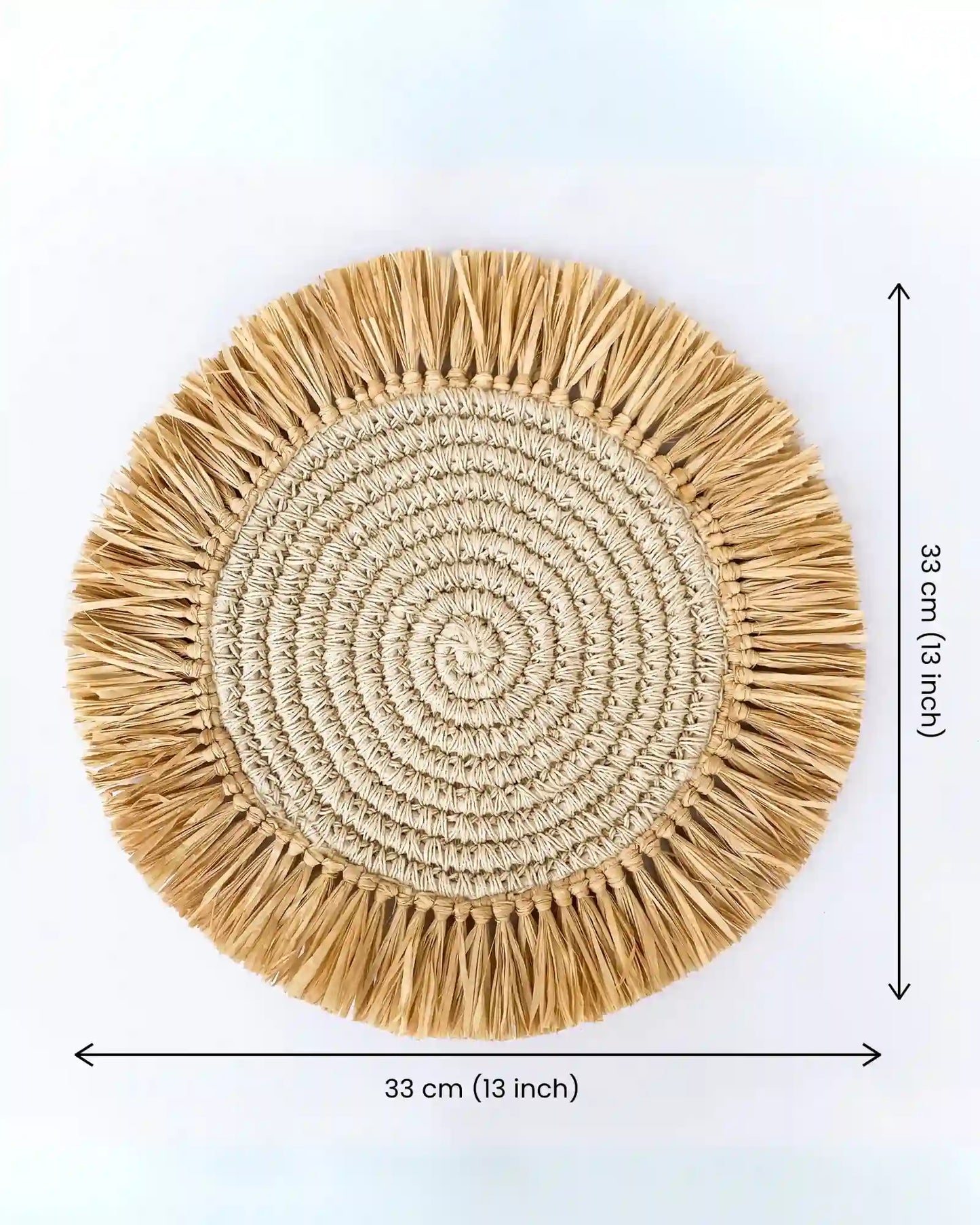 Bleached Jute Crochet Placemat With Natural Raffia Fringes (Pack of 3)