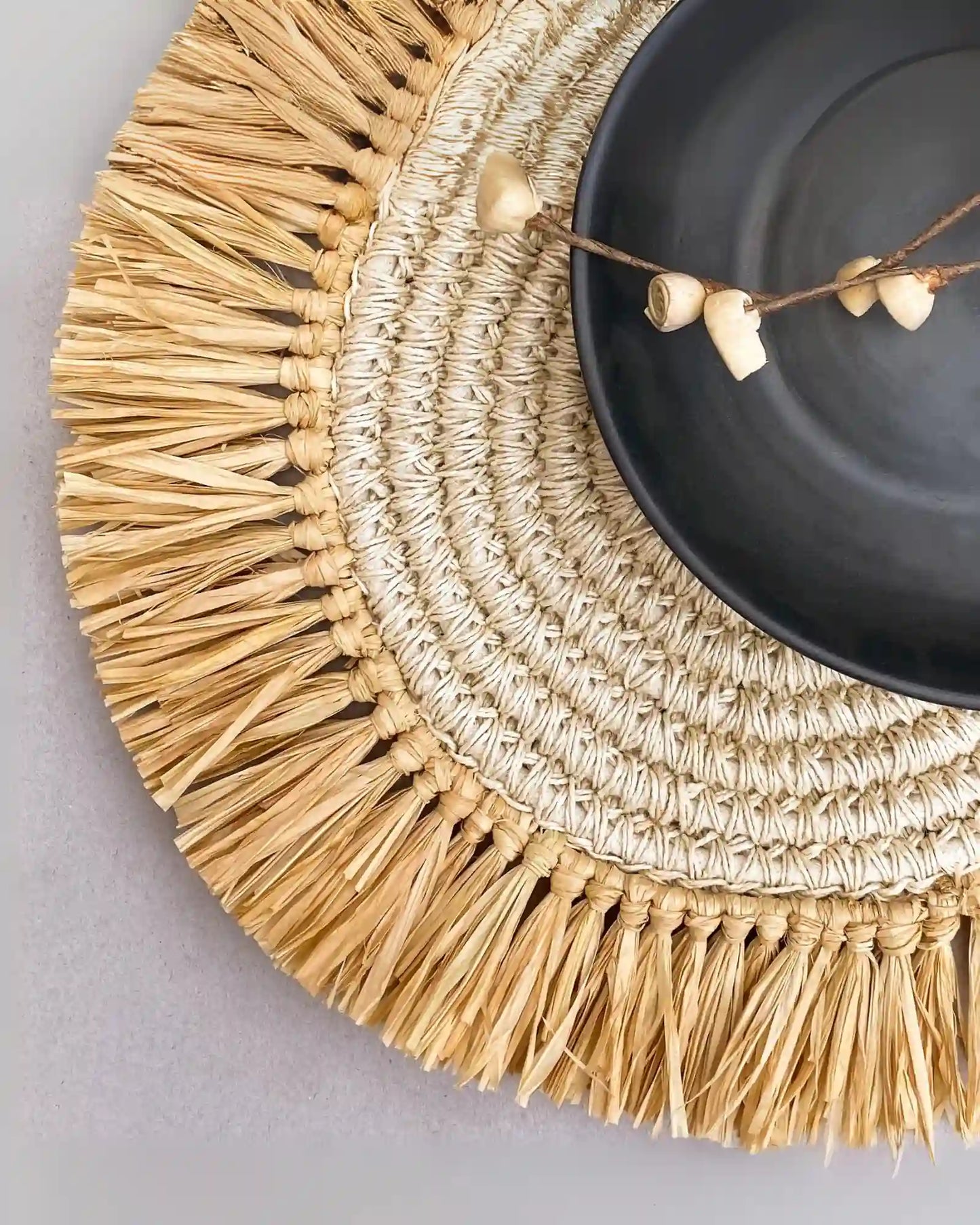 Bleached Jute Crochet Placemat With Natural Raffia Fringes (Pack of 3)