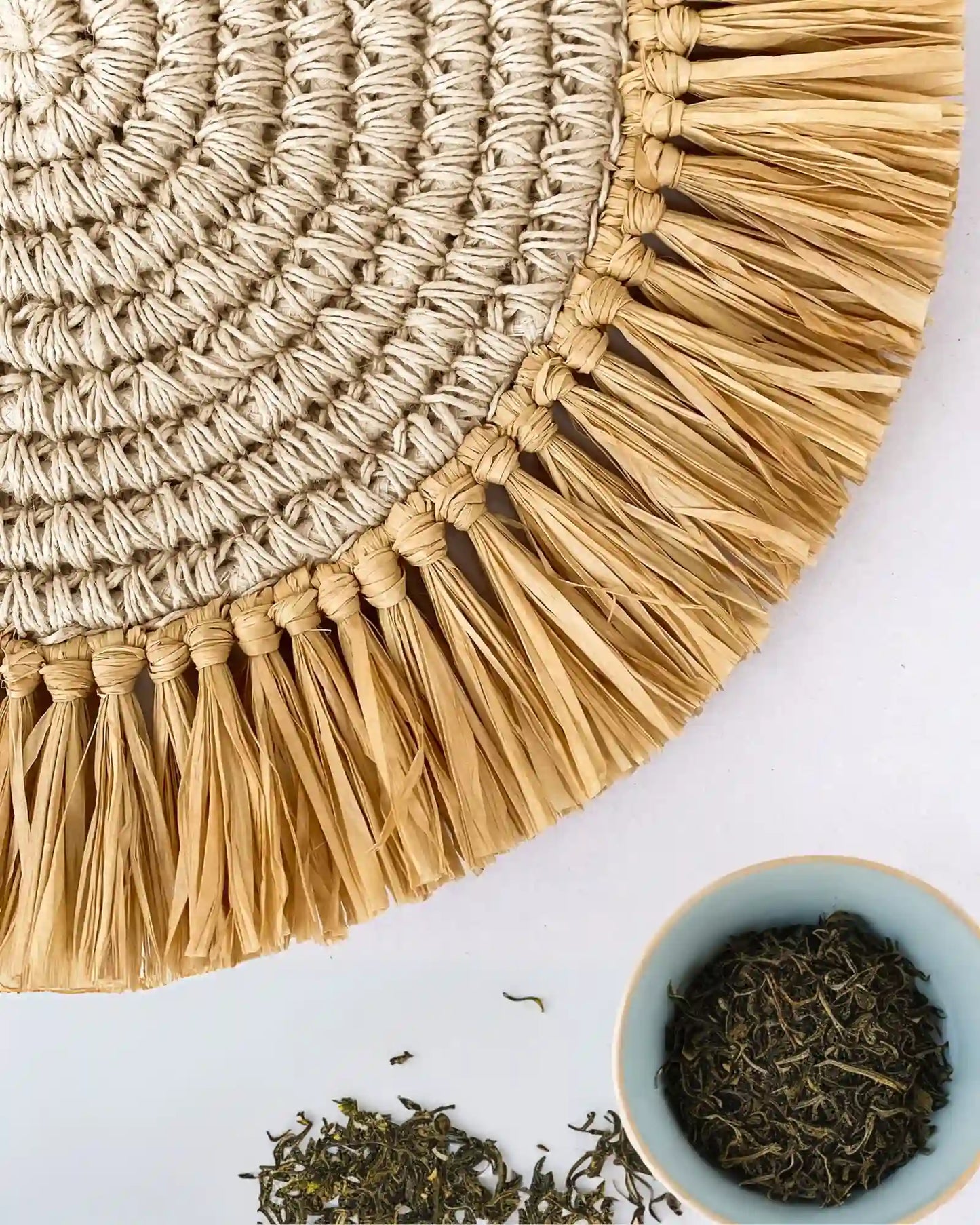 Bleached Jute Crochet Placemat With Natural Raffia Fringes (Pack of 3)
