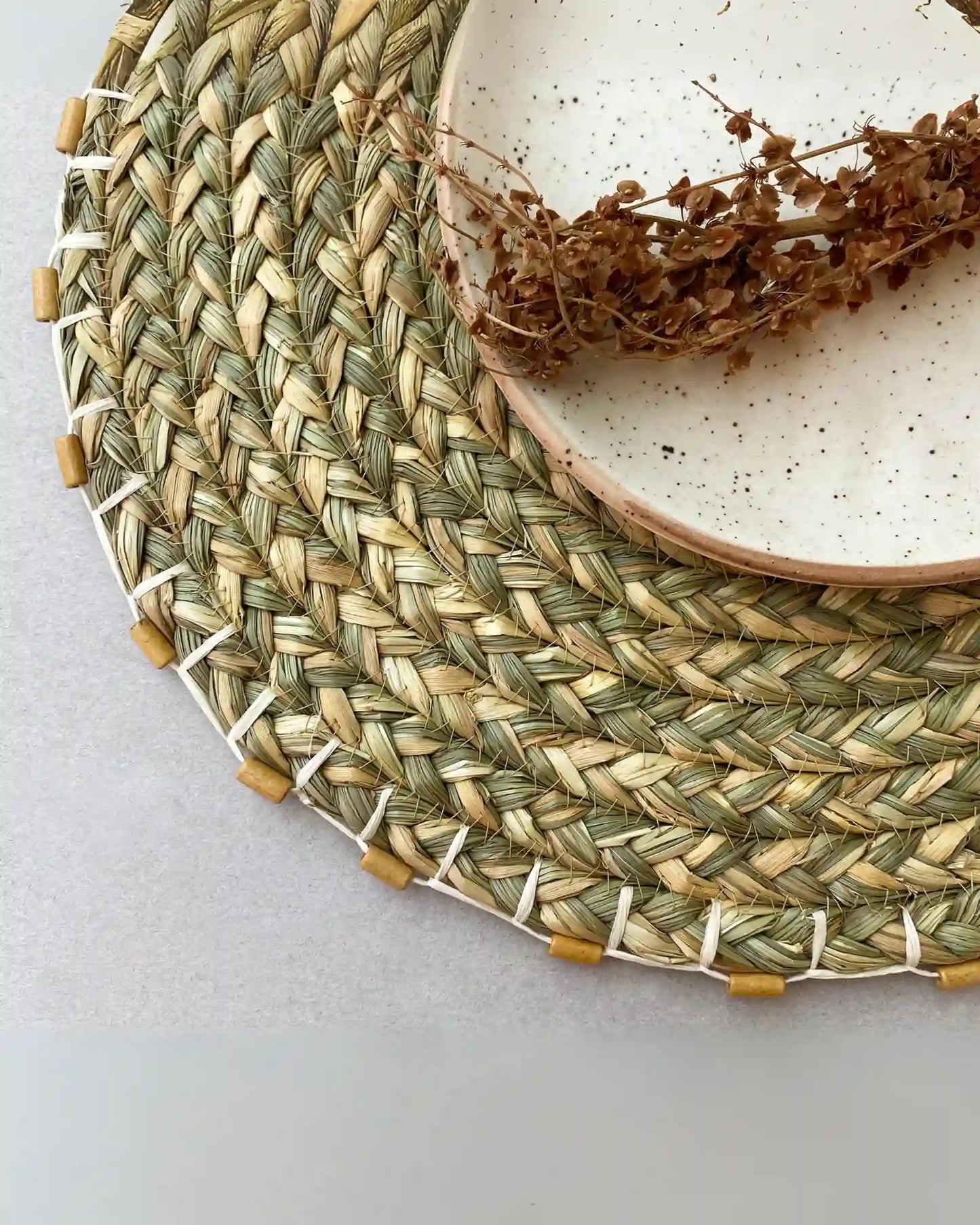 Paddy Straw And Seagrass Placemat With Wooden Bead Edge (Pack of 3)