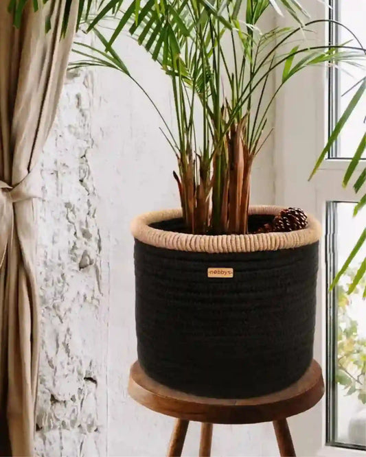 Black Cotton Multipurpose Basket With Jute Coiling (12"Dia x 10" Height)