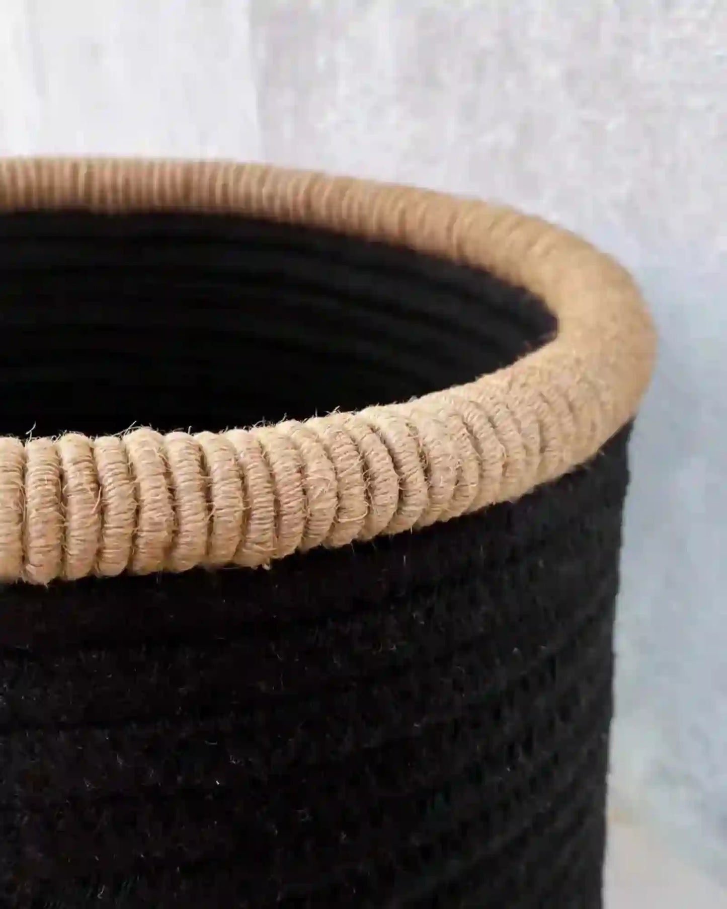 Black Cotton Multipurpose Basket With Jute Coiling (12"Dia x 10" Height)