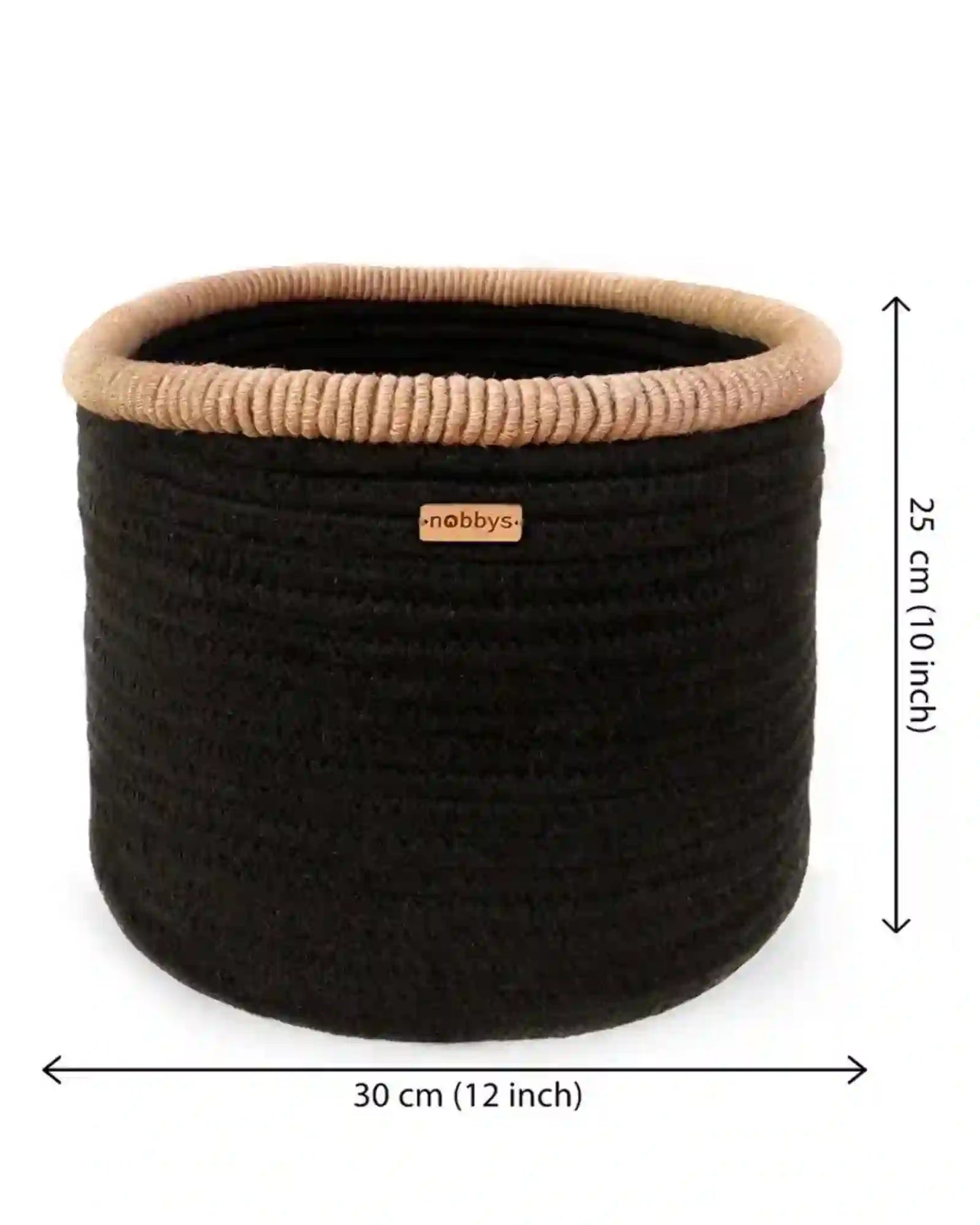 Black Cotton Multipurpose Basket With Jute Coiling (12"Dia x 10" Height)