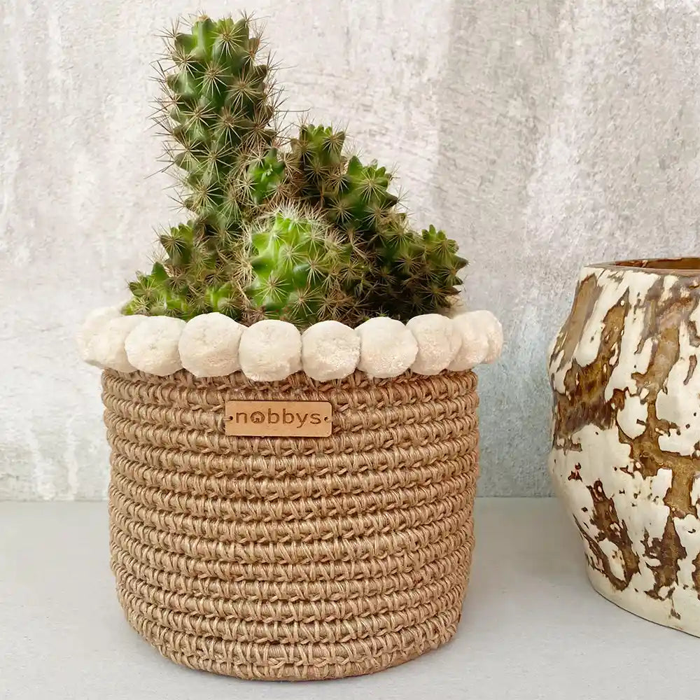 Crochet Planter With Cotton Pom-Poms (5.5"D x 5.5"H)