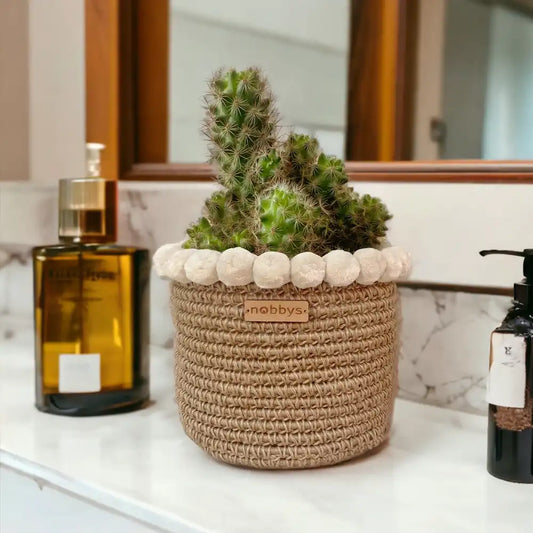 Crochet Planter With Cotton Pom-Poms (5.5"D x 5.5"H)