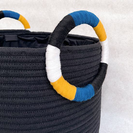 Black Organic Cotton Laundry Basket With Colorful Coiling Handle (16Dia x  14Height) - 45 Litres