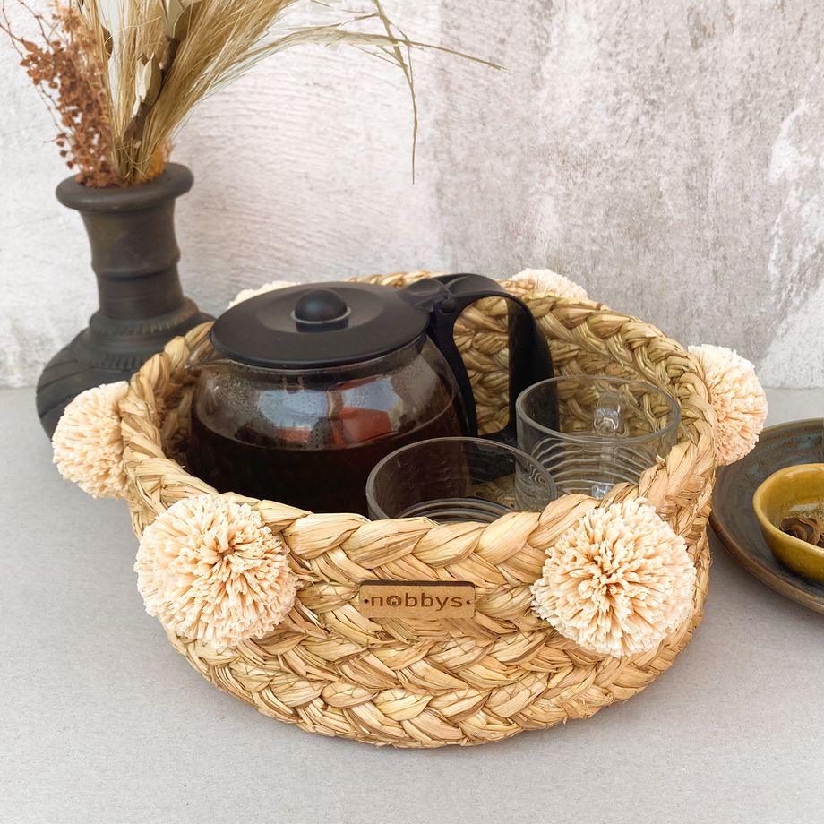 Braided Stubble Basket With Raffia Pom-Poms (10" Dia x 4" Height) Nobbys