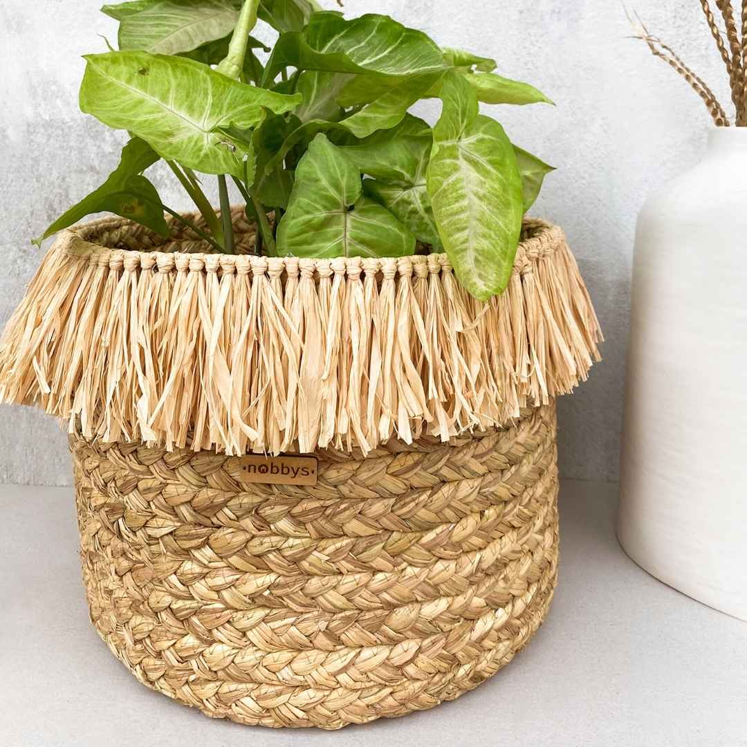 Multipurpose Golden Grass Braided Basket With Raffia Fringes (12" Dia x 10" Height) Nobbys