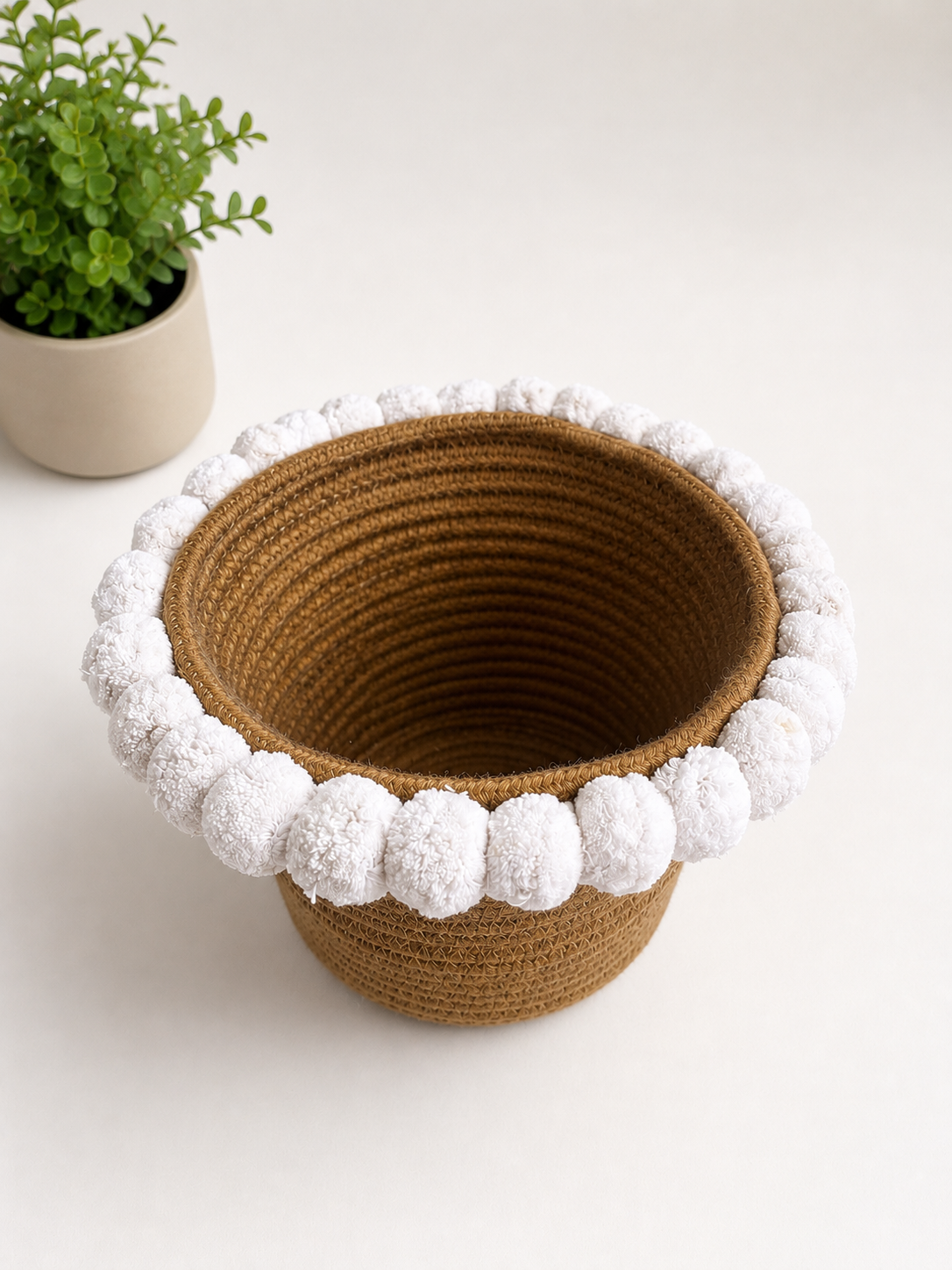 Crochet Planter With Cotton Pom-Poms (5.5"D x 5.5"H)