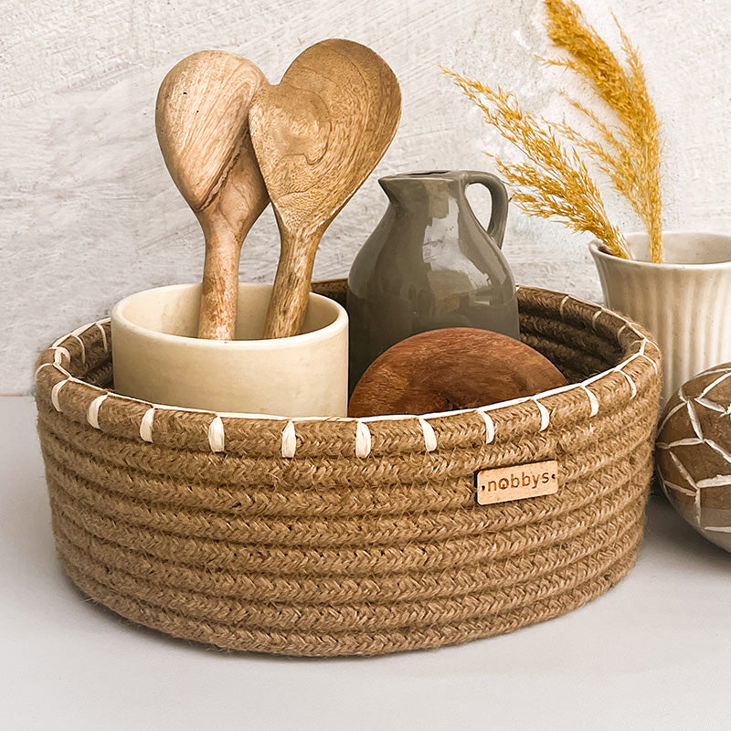 Jute Oval Storage Basket With Raffia Embroidery Edge (11" x 8" x 4") Nobbys