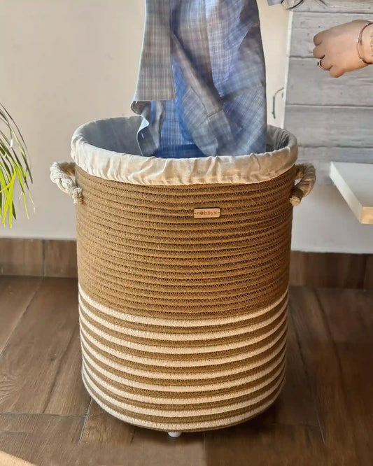 Jute Cotton Striped Laundry basket with Lid and Bottom spacers