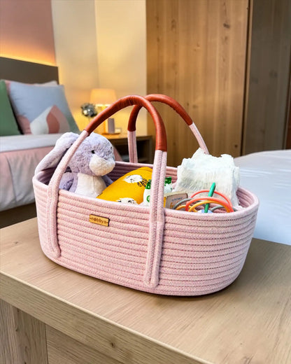 Baby pink diaper caddy with leather handles