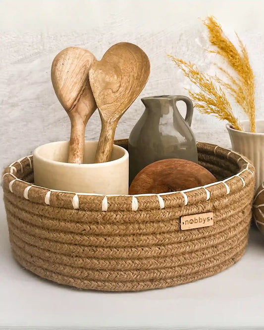 Jute Oval Storage Basket With Raffia Embroidery Edge (11" x 8" x 4") Nobbys