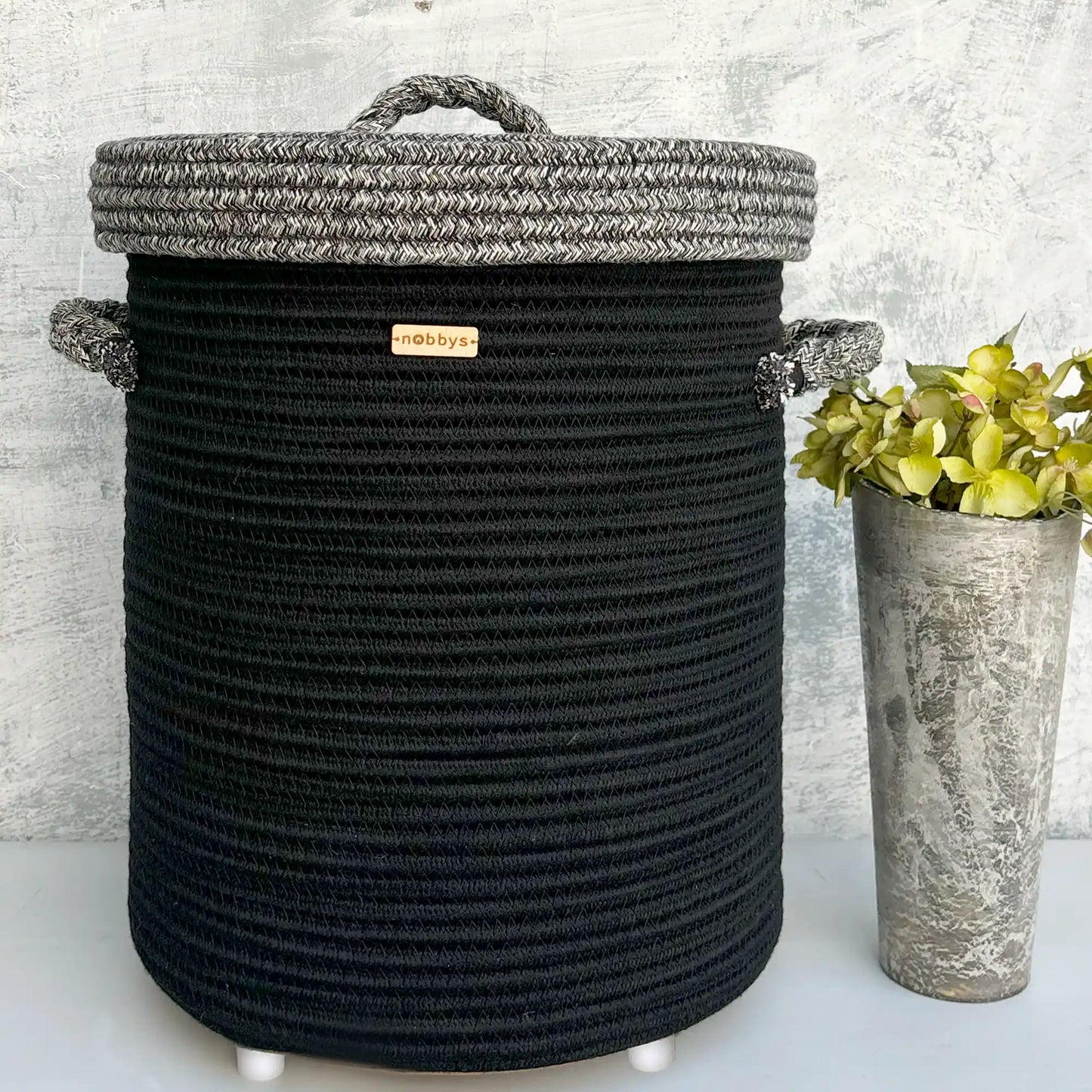 black and white laundry basket