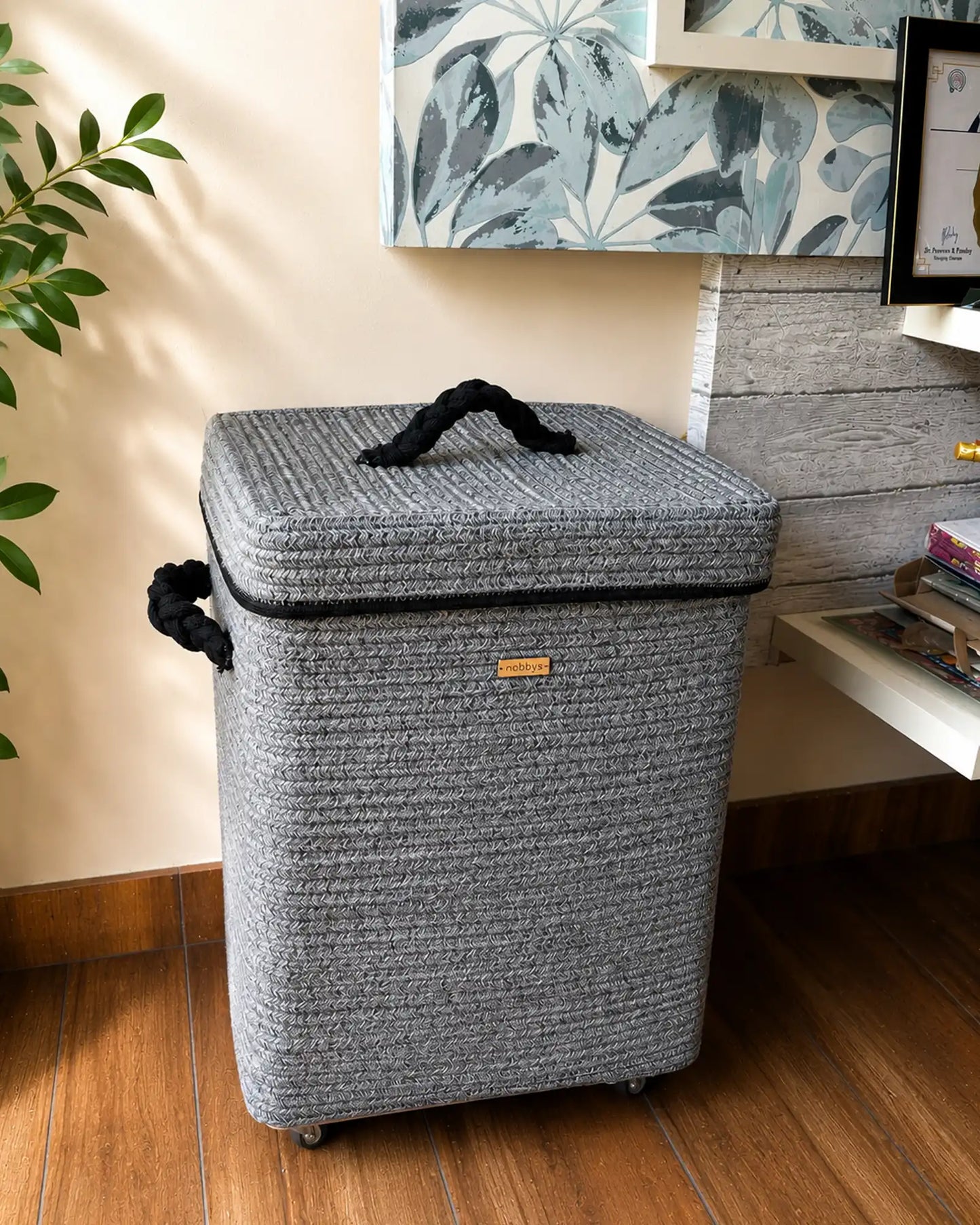 Grey Laundry basket with wheels