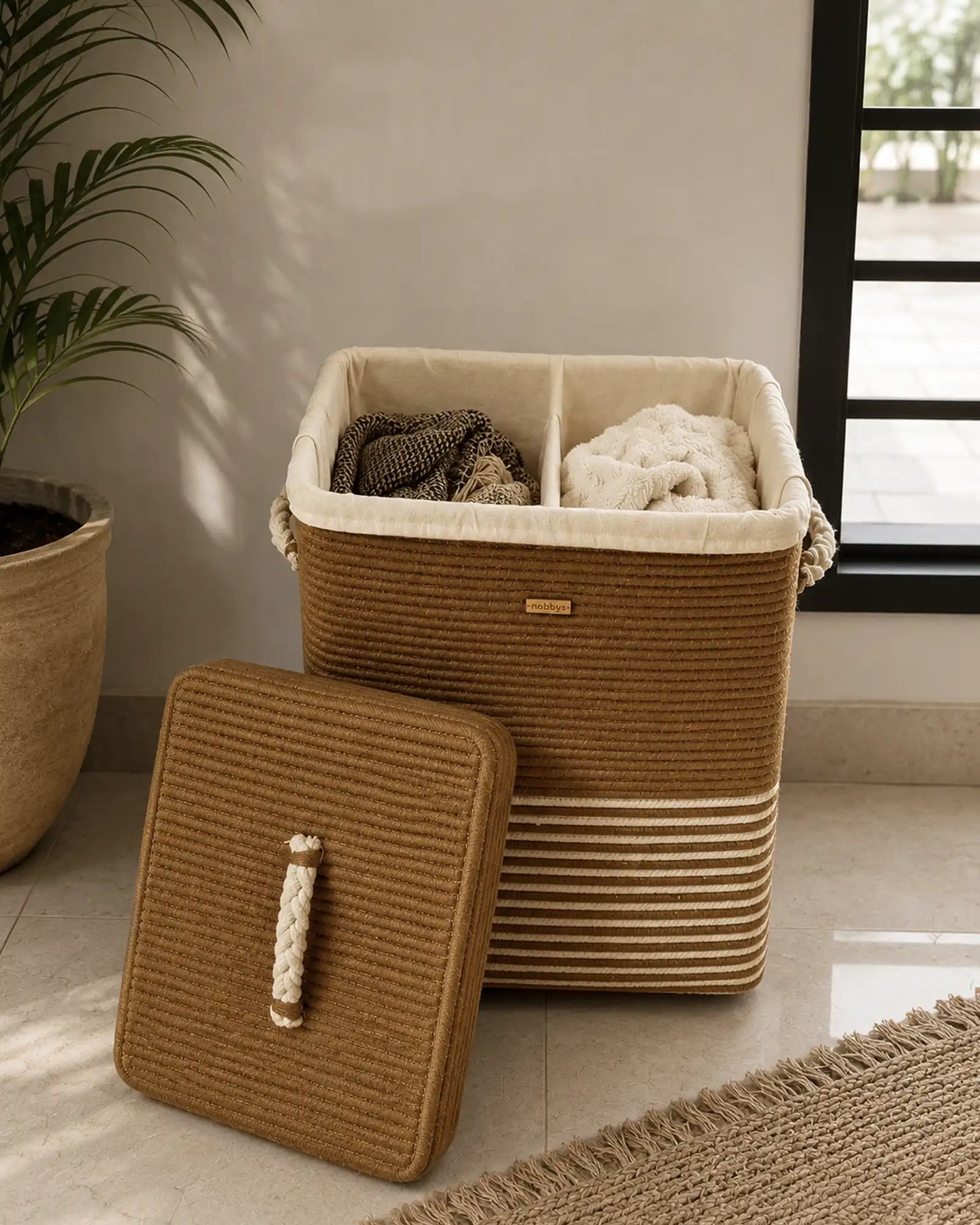 Detachable fabric lining in Laundry Basket with Dual compartments from Nobbys