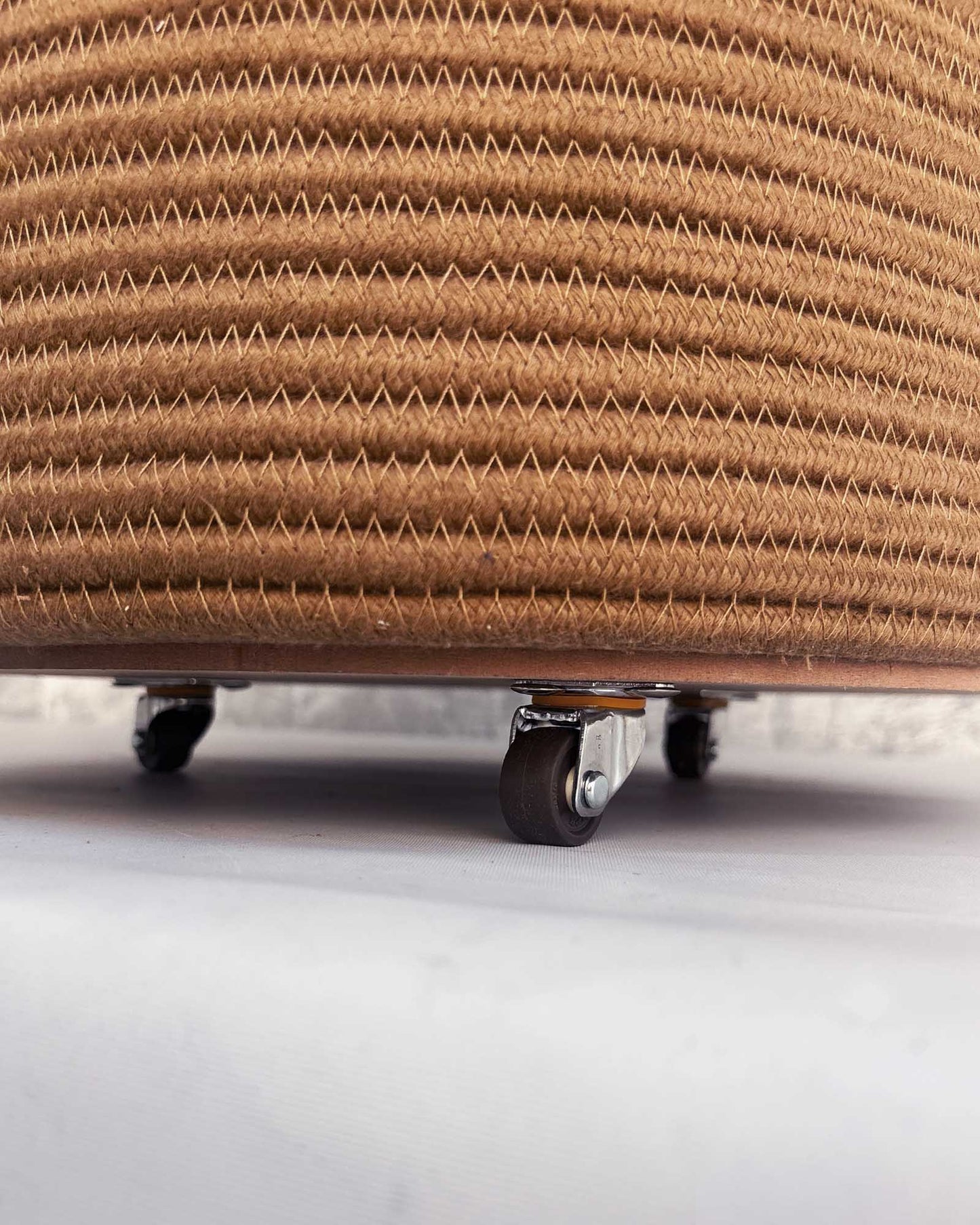 brown jute round laundry basket with wheels