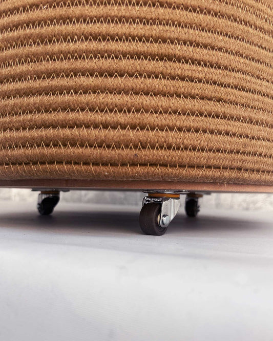 brown jute round laundry basket with wheels