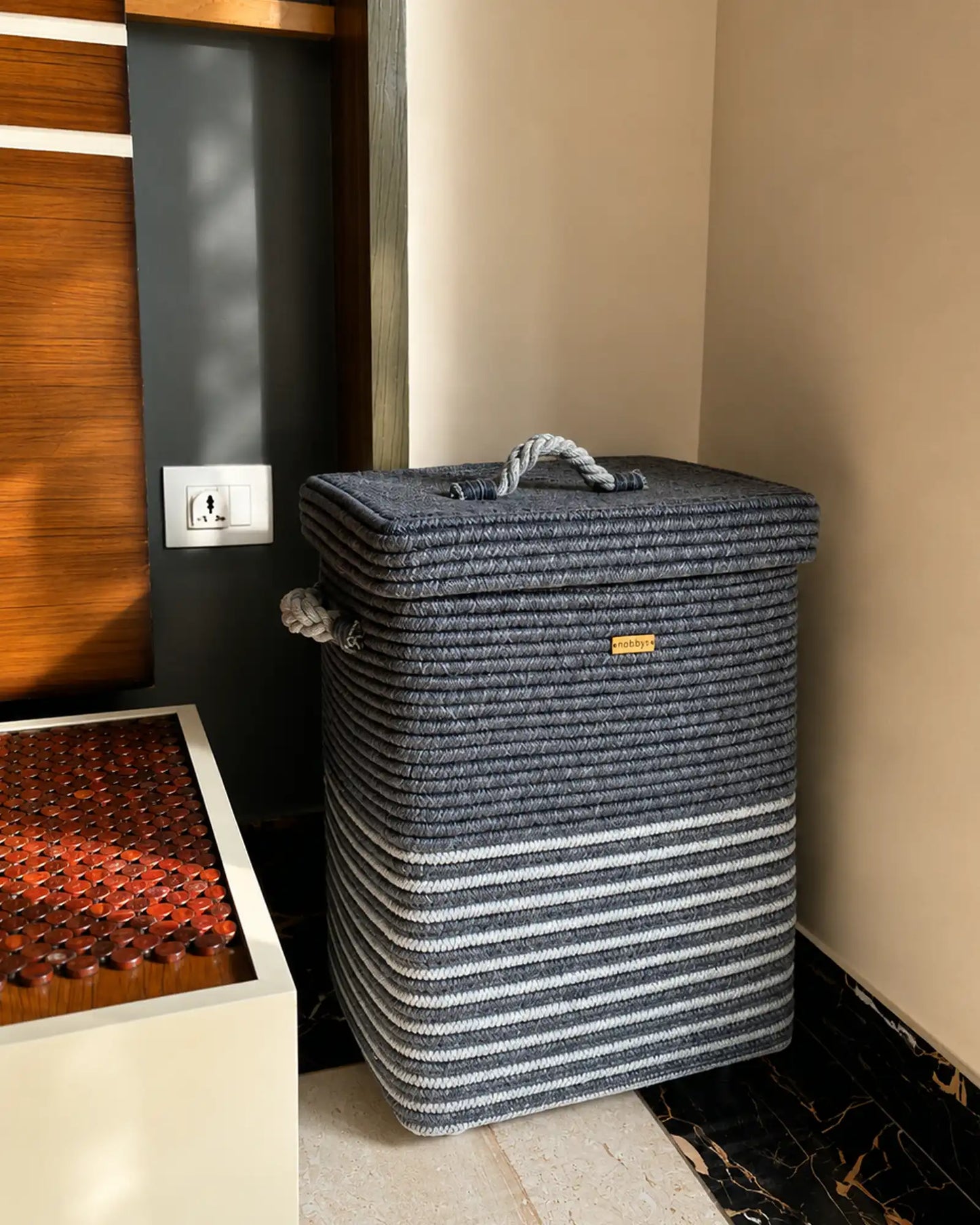 denim blue laundry basket with wheels 