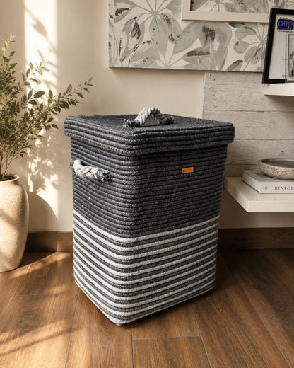 Denim Blue Rectangular Laundry Basket with Lid and Wheels