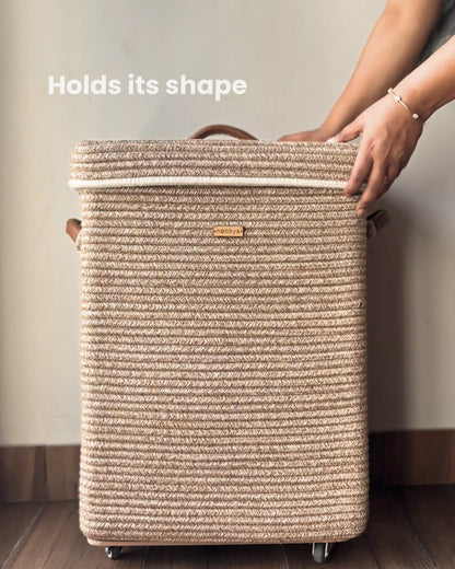 👑 Elite- Ivory Luxe Rectangular Laundry Basket with Wheels and Lid