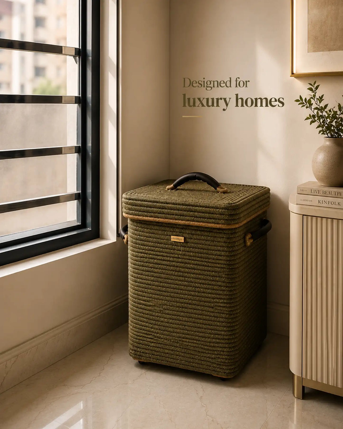 Timeless Olive Rectangular Laundry Basket with Wheels and Lid