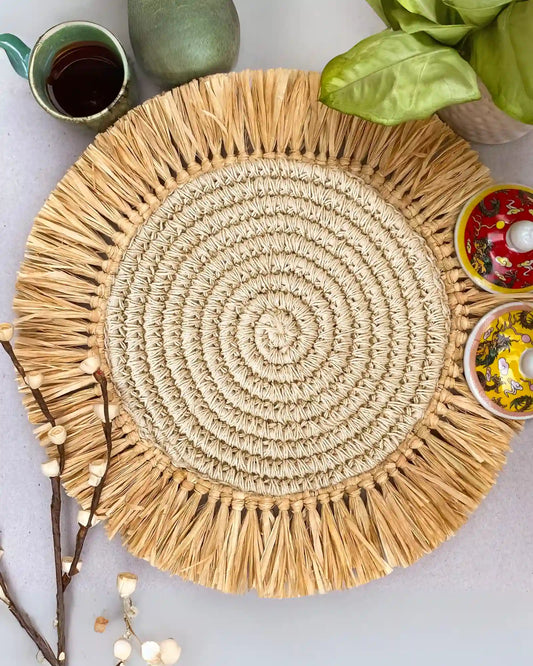 Bleached Jute Crochet Placemat With Natural Raffia Fringes Nobbys